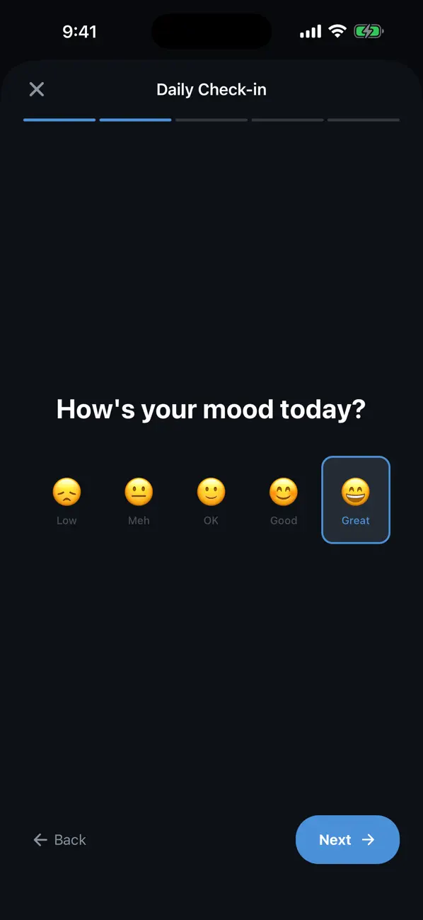 Clear daily check-in asking how your mood is today